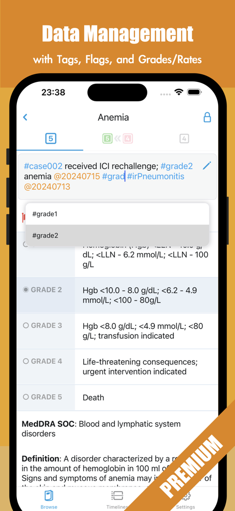 Interface of CTCAE 5 Pro app showing medical data management with hashtags and adverse event grading for anemia