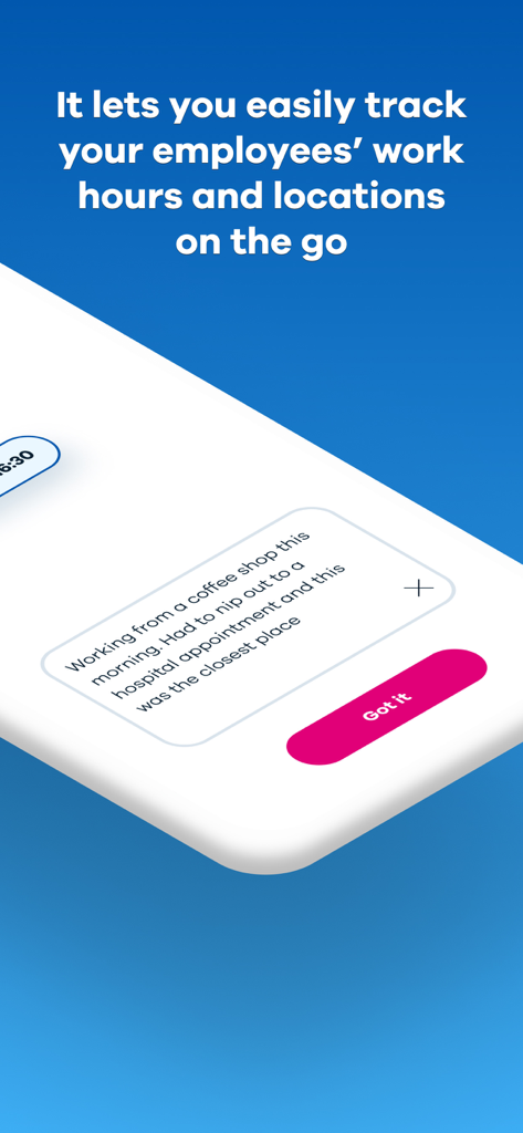 Blip! - Interfaz de la aplicación Blip que muestra las horas de trabajo y el rastreo de ubicación de los empleados