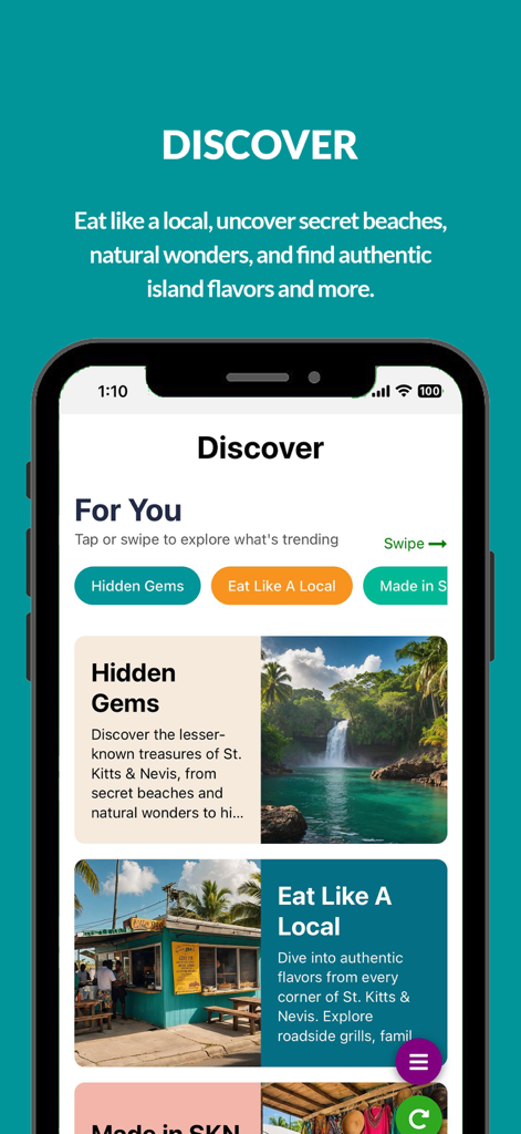 CaribeZyne app Discover screen featuring sections for Hidden Gems and local dining spots in St. Kitts and Nevis