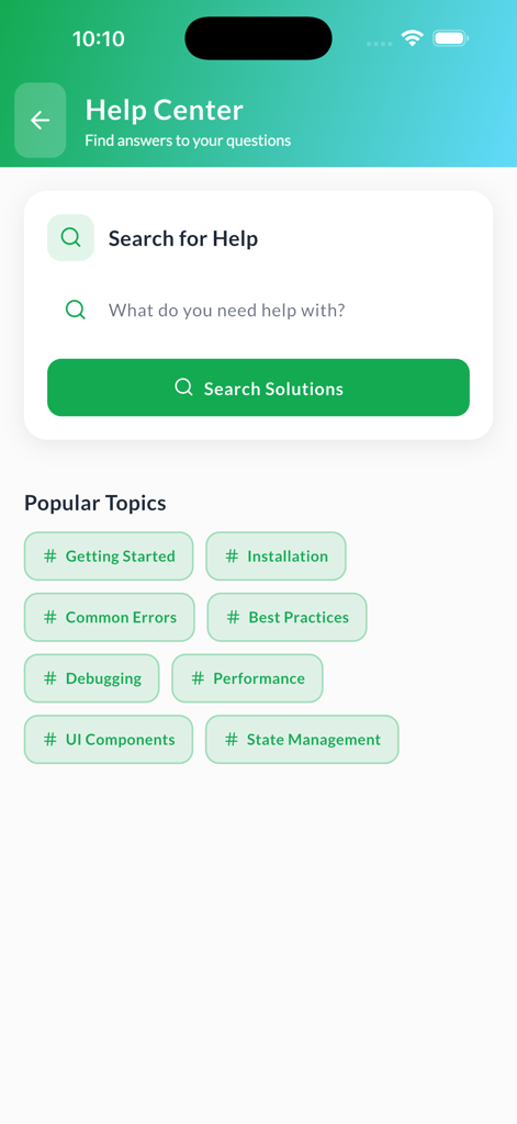 Pantalla del Centro de Ayuda de la aplicación Learn MERN Stack que muestra una barra de búsqueda y temas populares como depuración y gestión de estado.