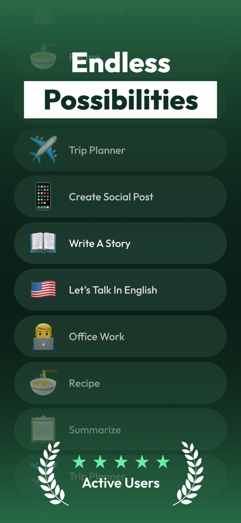 Aloy: Chat AI Assistant Helper - Screenshot of Aloy AI assistant app showing features like Trip Planner, Social Post creator, and Office Work with a five-star rating.