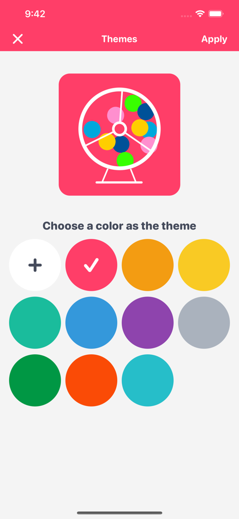 Lucky Draw - Random Picker - Tela de seleção de tema no aplicativo Lucky Draw mostrando opções de círculos coloridos para personalização da interface do usuário