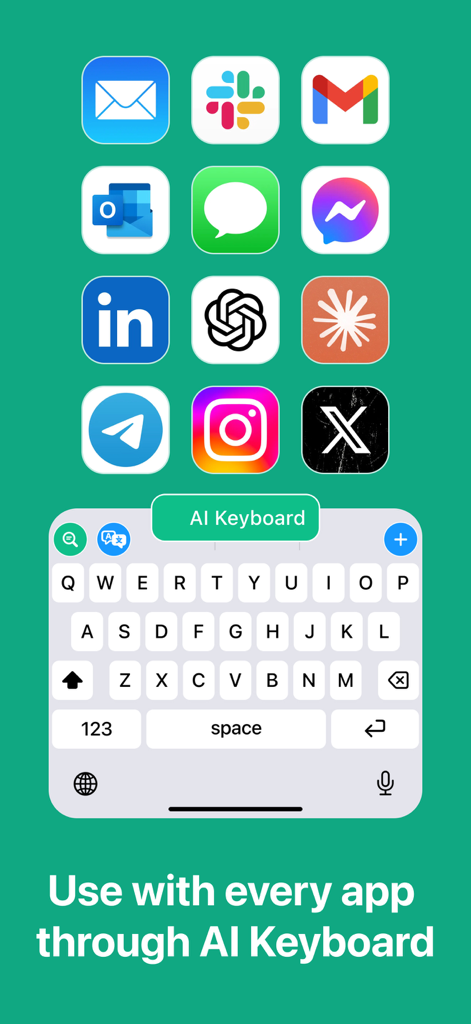 AI keyboard interface showing integration with popular messaging and social media apps