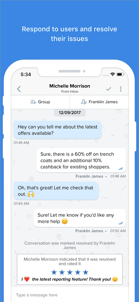 Freshchatモバイルアプリのインターフェイスに、解決済みの会話と5つ星の顧客評価が表示されています