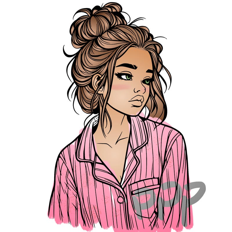 realistic woman with pajamas on and a messy bun