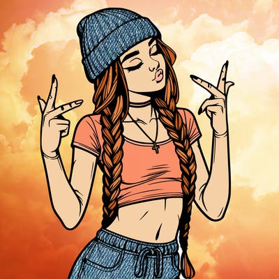 realistic teenage girl with braids and a beanie and crop top doing 🫶🏼