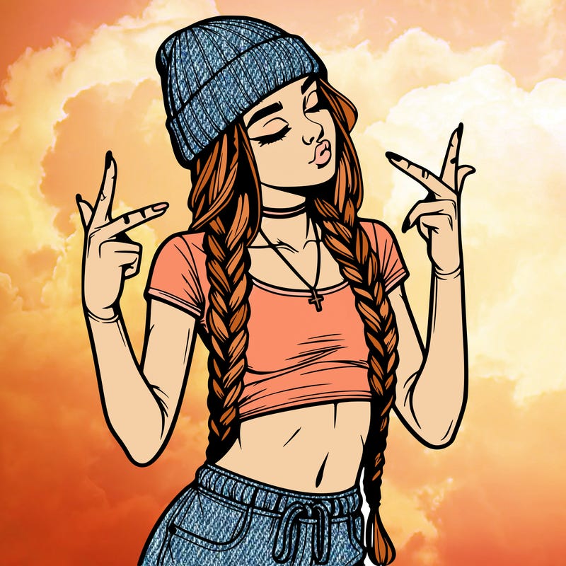 realistic teenage girl with braids and a beanie and crop top doing 🫶🏼