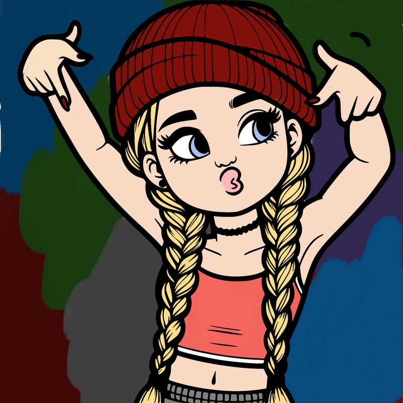 realistic teenage girl with braids and a beanie and crop top doing 🫶🏼