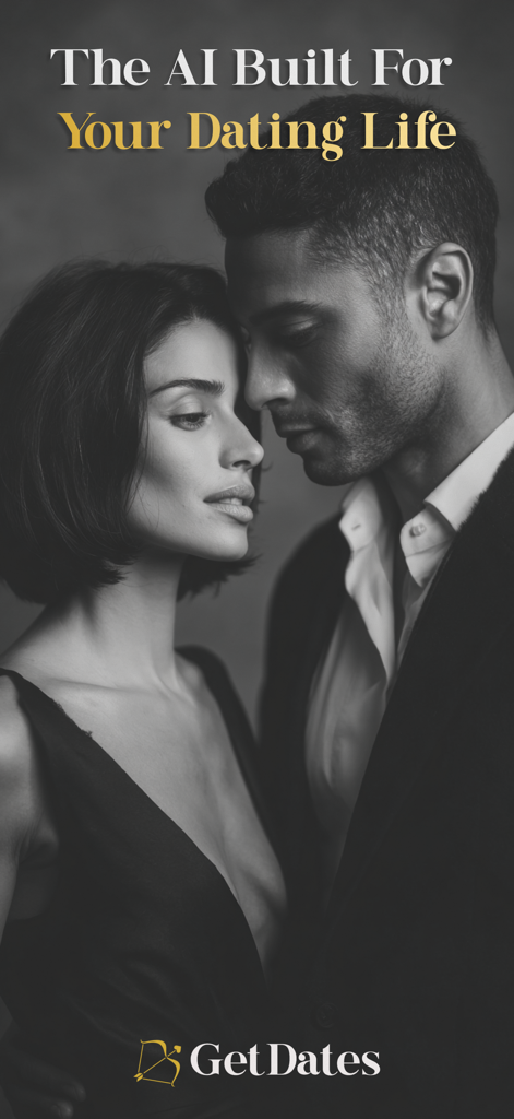 Charmd - AI Wingman - A black and white photo of a stylish couple with the text The AI Built For Your Dating Life and Get Dates