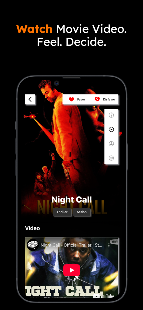 Magi - TV & AI Movie Assistant - Magi TVとAI映画アシスタントのインターフェース。映画の予告編とお気に入りのオプションを表示しています。