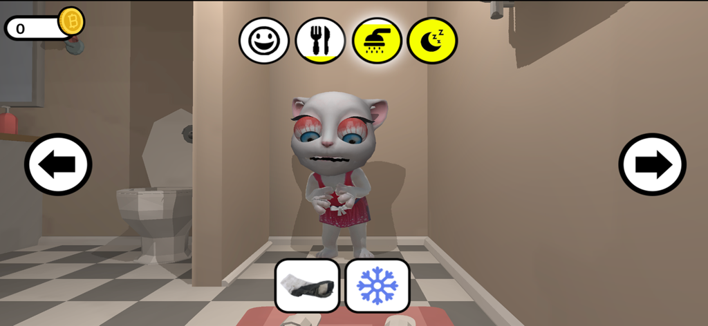 A white cat character with red eyes standing in a 3D bathroom in the game Creepy Maria.
