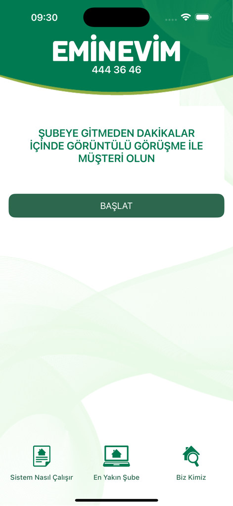 Home screen of the Eminevim app for remote interest-free finance customer registration via video call.