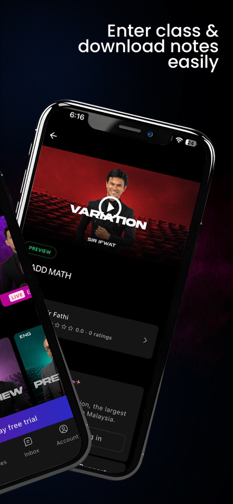 MCPLUS app interface showing an online mathematics class and a feature to download notes easily