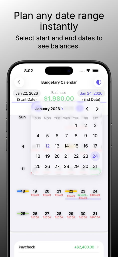 Budgetary - Budget Planner - Una captura de pantalla de la aplicación Budgetary que muestra una vista de calendario donde un usuario puede seleccionar una fecha de inicio y fin para ver instantáneamente su saldo financiero.