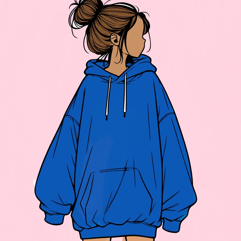 realistic girl with a oversized sweatshirt on and a bun