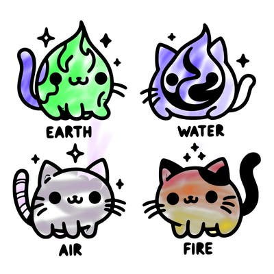 4 cats that represent the different elements, earth, water, air, and fire