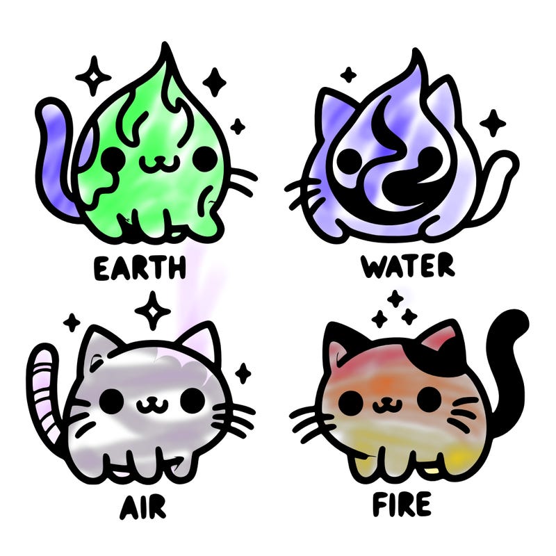 4 cats that represent the different elements, earth, water, air, and fire