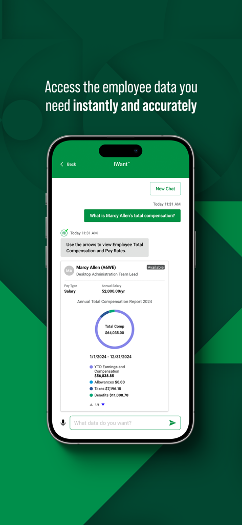 Screenshot of Paycom's IWant AI assistant displaying a detailed employee compensation report with a donut chart.