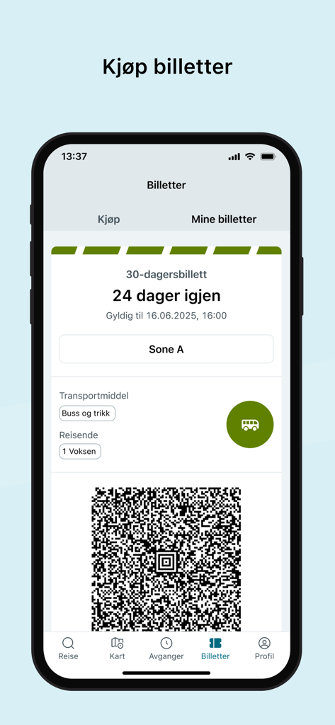 AtB mobile app interface showing a digital 30-day ticket with a QR code for bus and tram travel.
