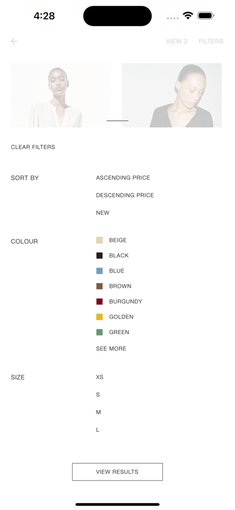 Zara SHWRM - Interface do aplicativo Zara SHWRM mostrando filtros de pesquisa para classificar preço, selecionar cor e escolher tamanhos para coleções de moda