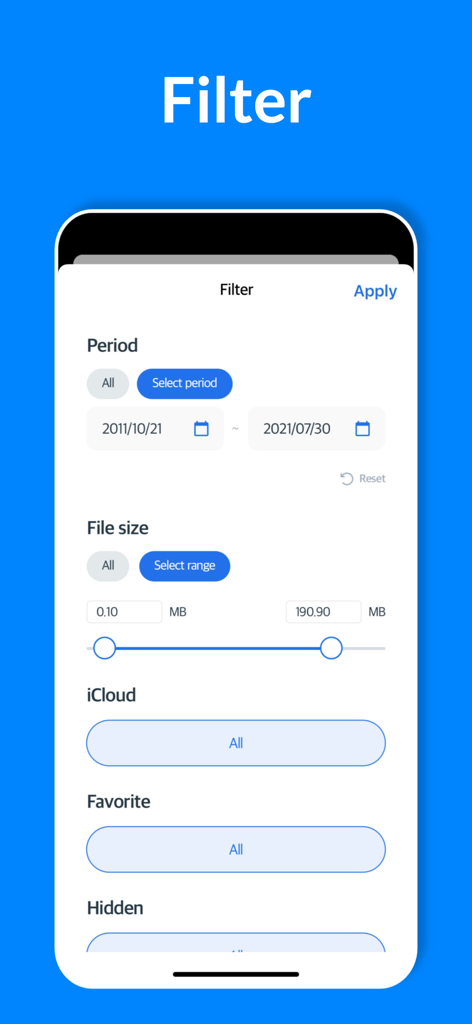 Cleansmith: Photo Cleaner - Tela de filtro do aplicativo Cleansmith mostrando intervalo de datas e seleção de tamanho de arquivo para organização de fotos.