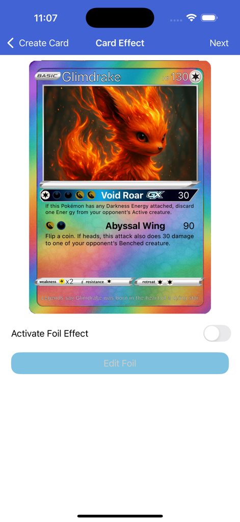 PokeCards TCG Card Maker Live - A custom rainbow foil Pokemon card being edited in the PokeCards TCG Card Maker app interface.