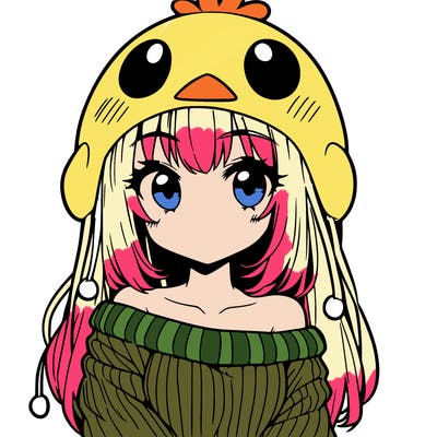 anime girl with chick shaped hat with sweater with bare shoulders with bangs covering them one eye with low tail