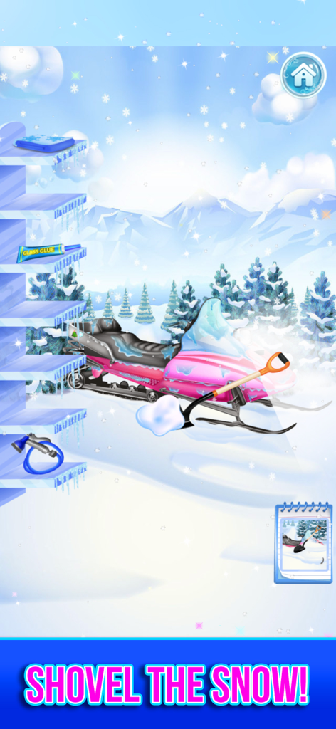 A pink snowmobile in a snowy winter landscape with a shovel and cleaning tools