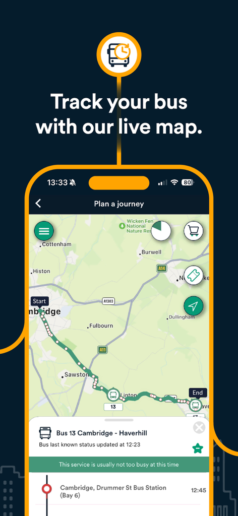 Stagecoach Bus app showing a live interactive map for bus journey tracking.