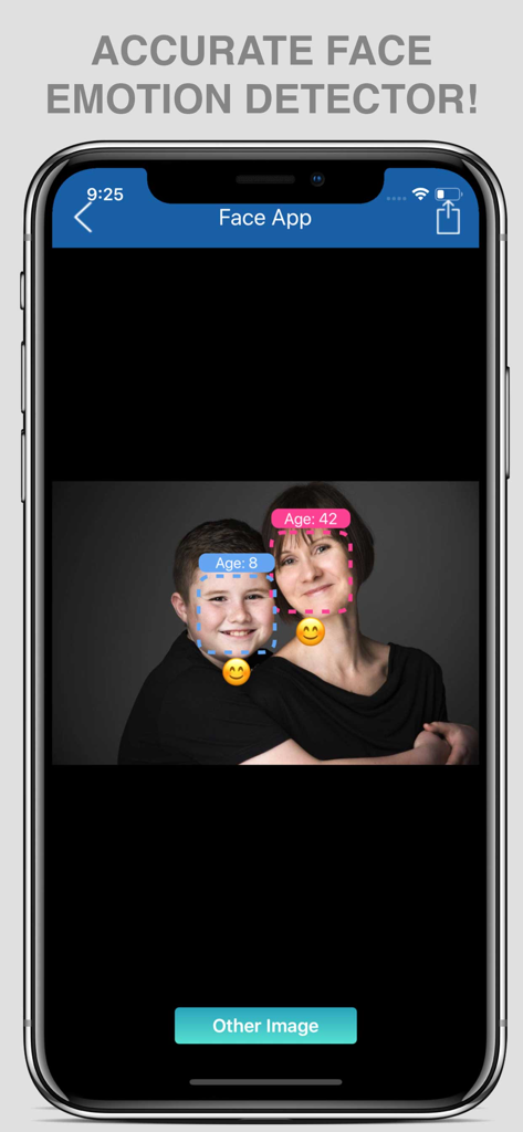 App screenshot showing age and emotion detection on a photo of a woman and child