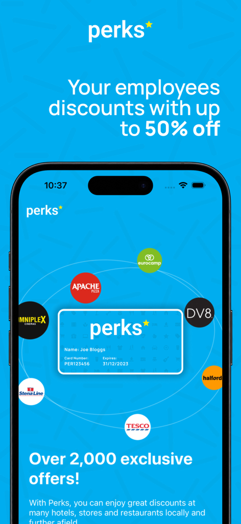 Perks従業員割引カードとパートナーブランドロゴを表示するスマートフォン画面