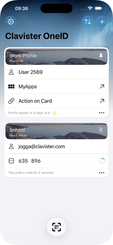 Clavister OneID - Clavister OneID dashboard showing secure work and school profiles with a one-time password
