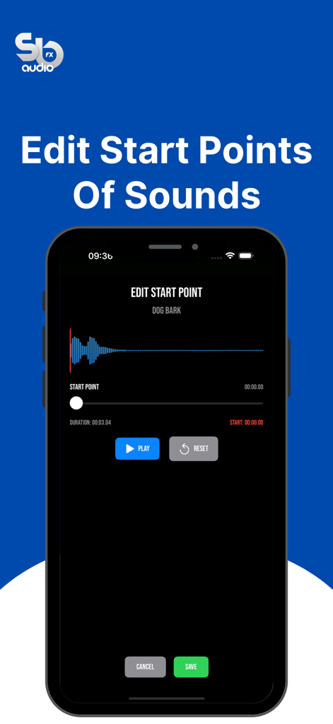 SB AUDIO FX - SB Audio FX App-Bildschirm zum Bearbeiten des Startpunkts eines Sounds mit Wellenformanzeige