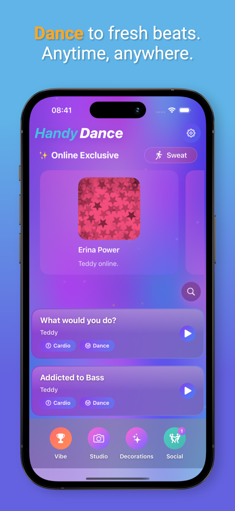 Handy Dance - Interface do aplicativo móvel Handy Dance mostrando uma lista de faixas de música para treinos cardiovasculares e de dança