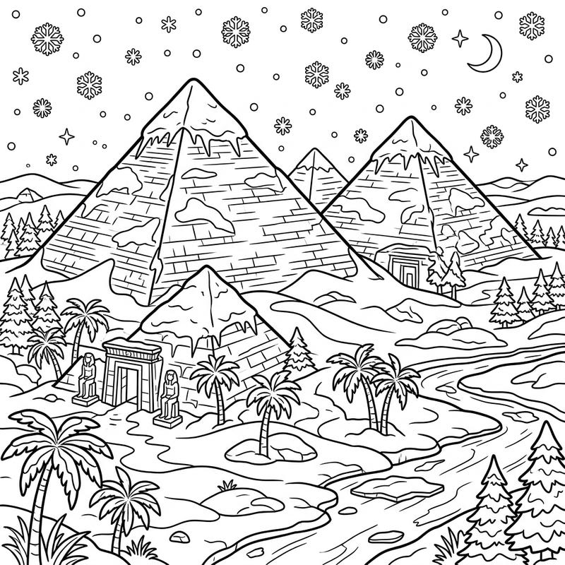 Journey to a mesmerizing landscape where the majestic pyramids are transformed by a gentle snowfall. This delightful coloring page combines the grandeur of ancient Egypt with the serene beauty of a winter wonderland, offering a unique and engaging artistic experience.