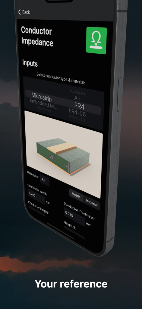 PCB Toolkit - Screenshot of the PCB Toolkit app showing the conductor impedance calculator interface with a microstrip diagram and input fields for engineering parameters.