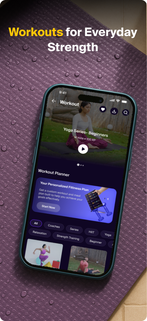 Level SuperMind app screen showing yoga series for beginners and a personalized fitness planner on a yoga mat
