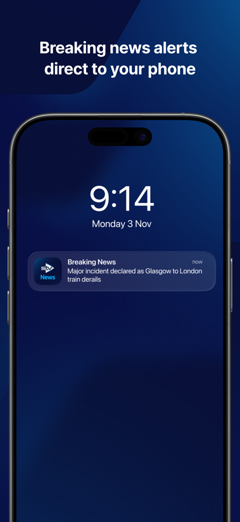 STV News - STV News app push notification on an iPhone lock screen showing a breaking news alert about a train derailment.