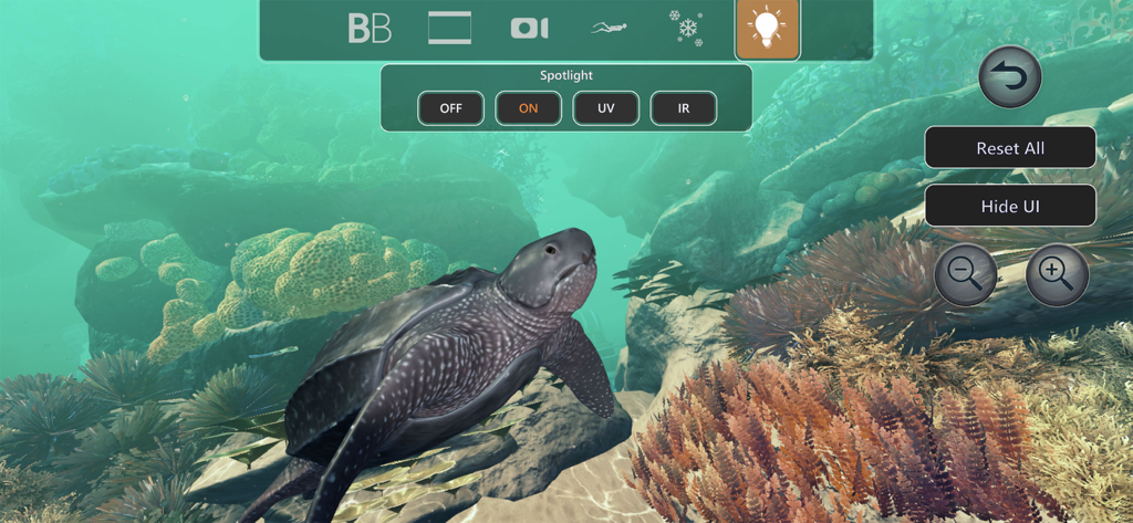 Beyond Blue - Gameplay de Beyond Blue mostrando uma tartaruga marinha debaixo d'água com controles de iluminação e holofotes.