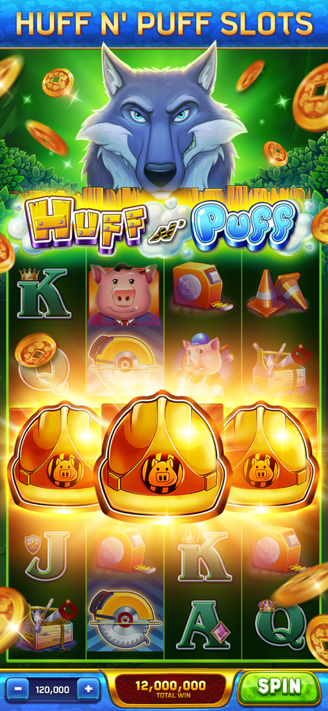 Dancing Drums Slots Casino - Huff N Puff slots game screen featuring a wolf and golden hard hats in the Dancing Drums Casino app