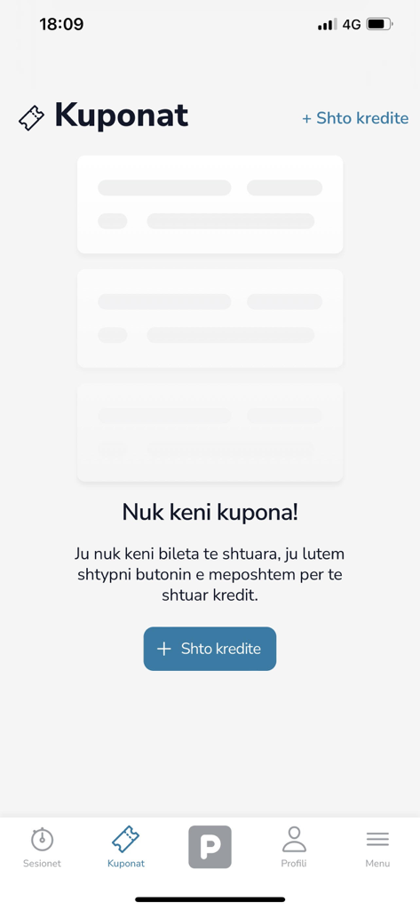 Tirana Parking - Empty coupons screen in the Tirana Parking mobile app with a button to add credits.