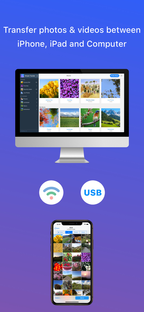Interfaz de la aplicación Simple Transfer Pro que muestra la transferencia de fotos y vídeos entre iPhone y ordenador a través de WiFi o USB