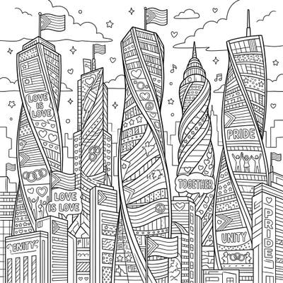 Immerse yourself in a vibrant cityscape where majestic twisted skyscrapers proudly display symbols of love, unity, and diversity. This engaging coloring page invites you to celebrate Pride Month with intricate details and inspiring messages.