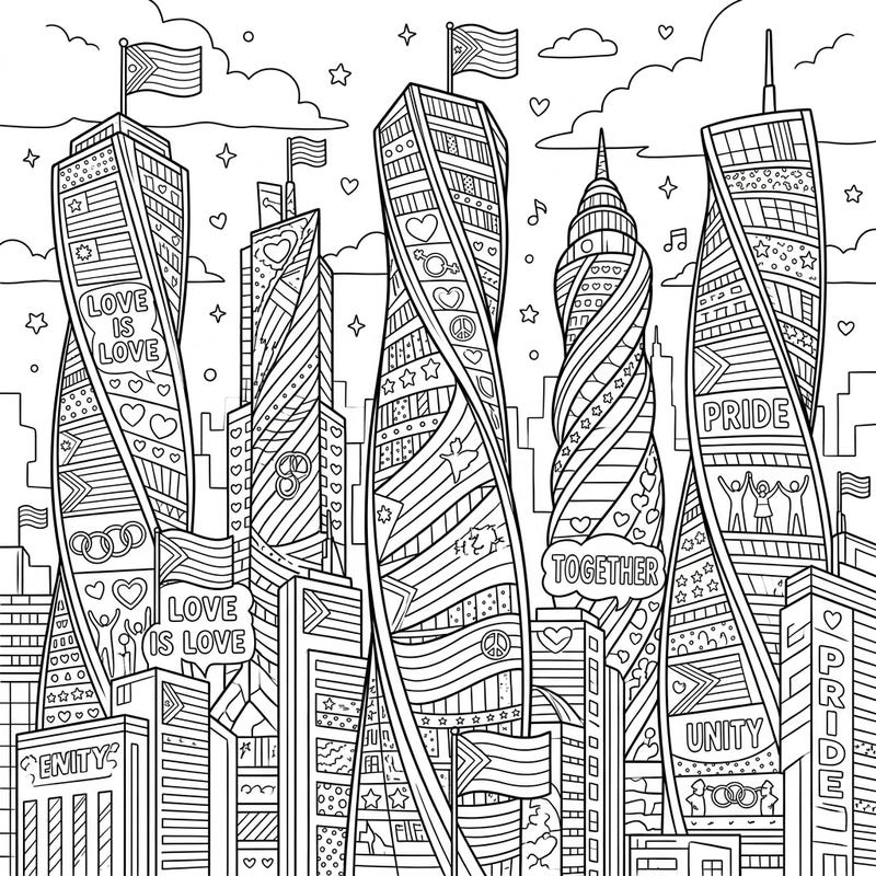 Immerse yourself in a vibrant cityscape where majestic twisted skyscrapers proudly display symbols of love, unity, and diversity. This engaging coloring page invites you to celebrate Pride Month with intricate details and inspiring messages.