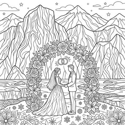 Dive into a unique romantic scene where love blossoms amidst the majestic beauty of glaciers. This detailed coloring page, perfect for teens, features a wedding ceremony in a breathtaking, icy landscape.