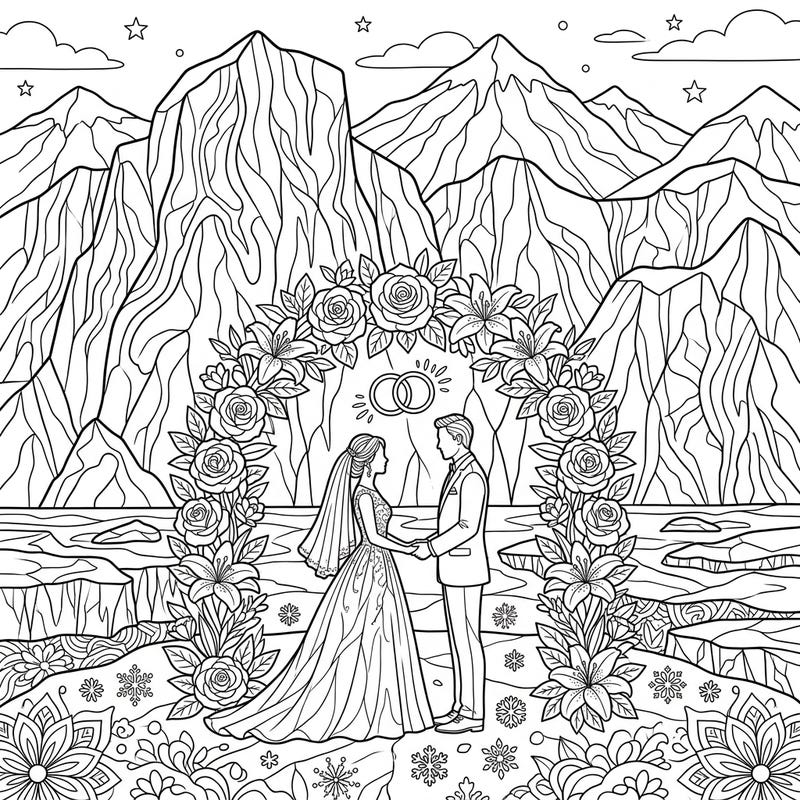 Dive into a unique romantic scene where love blossoms amidst the majestic beauty of glaciers. This detailed coloring page, perfect for teens, features a wedding ceremony in a breathtaking, icy landscape.