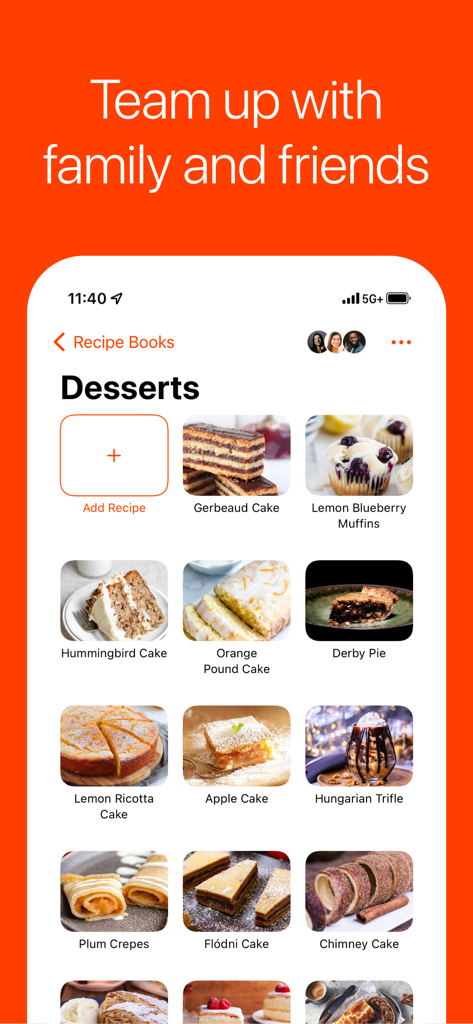 A shared desserts recipe book in the Umami app showing collaboration with family and friends.