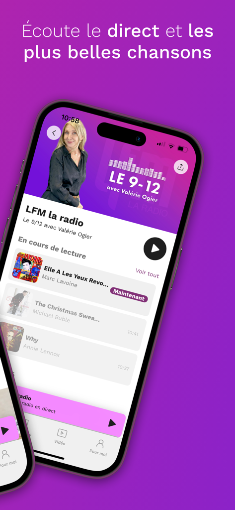 LFM - Smartphone screen showing the LFM radio app interface with live music streaming and playlist