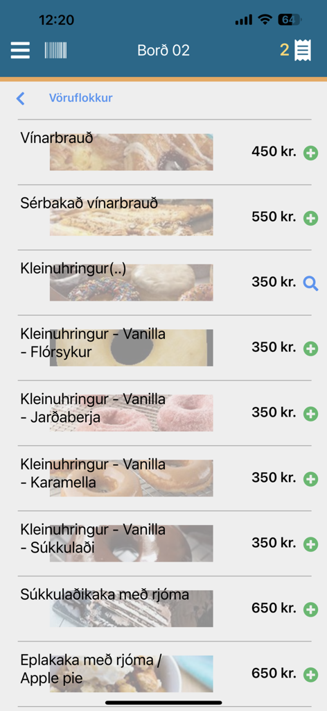 Regla POS - Regla POS mobile app interface showing a menu list of bakery items and prices for a specific table.