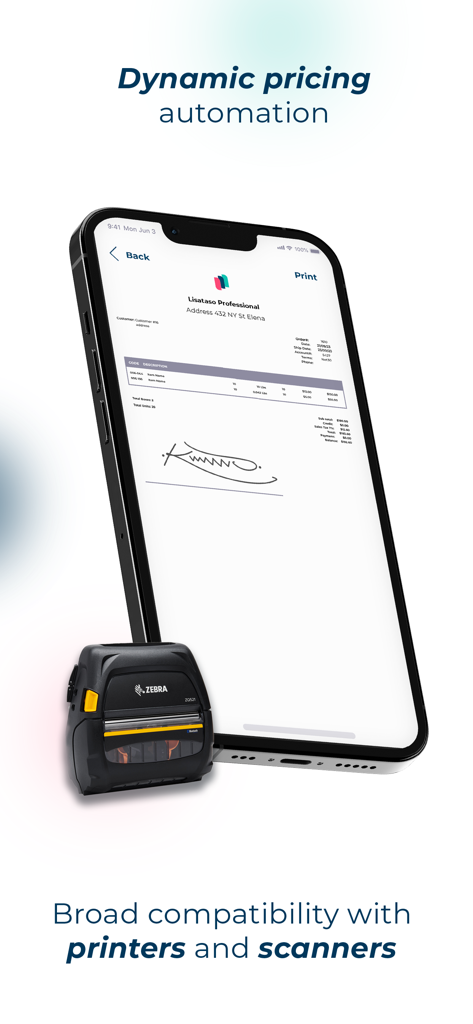 Listaso Sales Order & Catalog - Listaso app showing a digital invoice on a smartphone next to a mobile Zebra printer